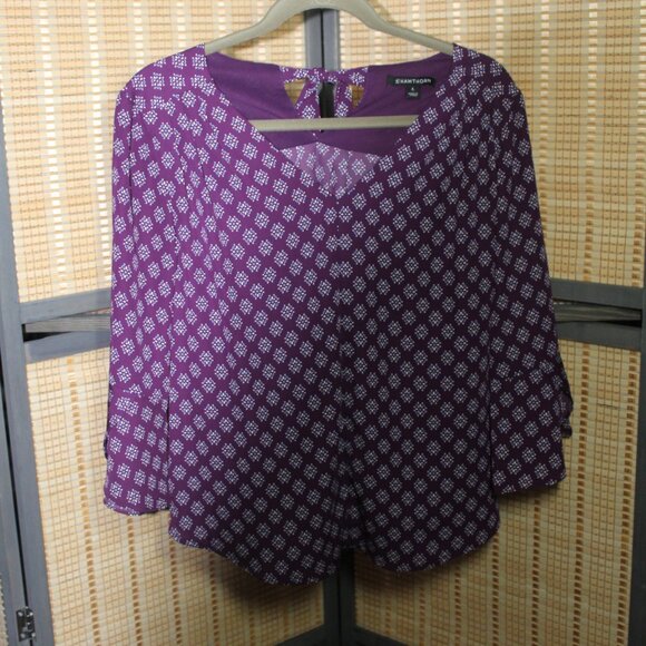 41 Hawthorn 3/4 Sleeve Purple Blouse w/ Blue and White Tile Motif - Picture 3 of 8